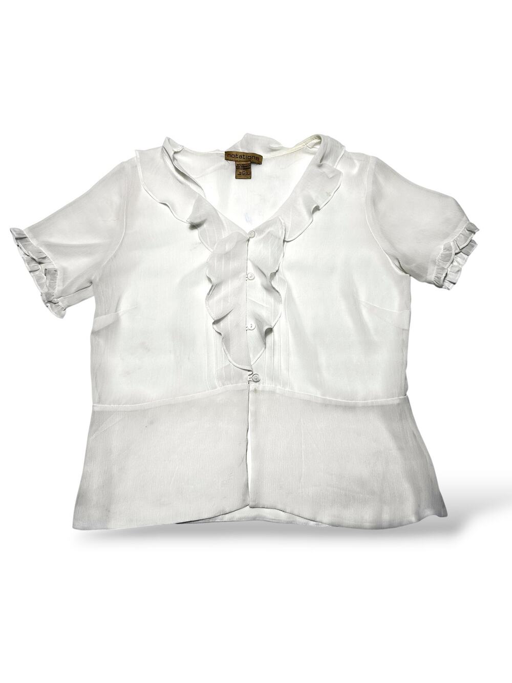 Y2K Notations White Ruffle Front Short Sleeve Blouse Size Medium
